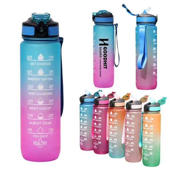 32 oz Plastic Water Bottles with Times to Drink and Straw