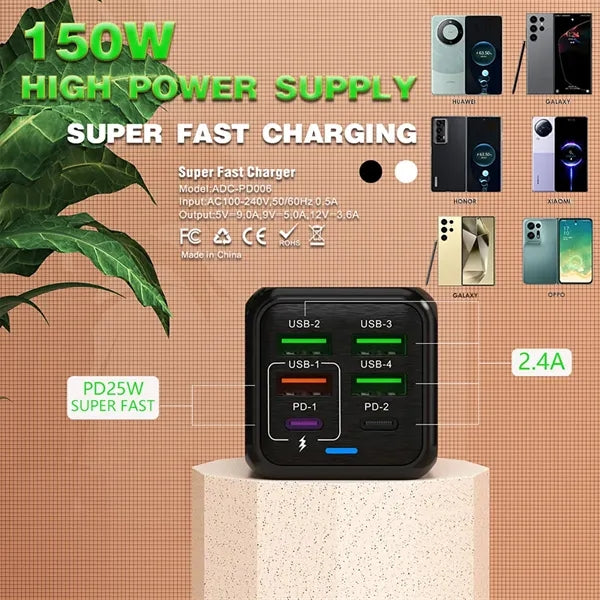 150W Multi-Port Charger with 4 USB & 2 PD Ports