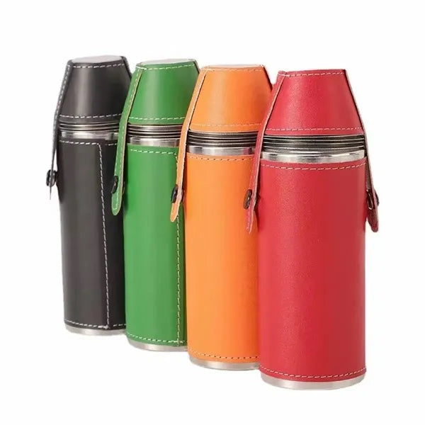 8Oz. Bucket Hip PU Leather Flasks W/ Funnel and Cups