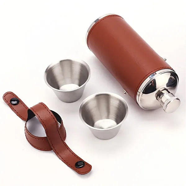 8Oz. Bucket Hip PU Leather Flasks W/ Funnel and Cups