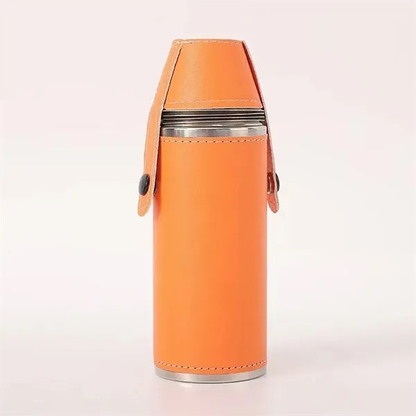 8Oz. Bucket Hip PU Leather Flasks W/ Funnel and Cups