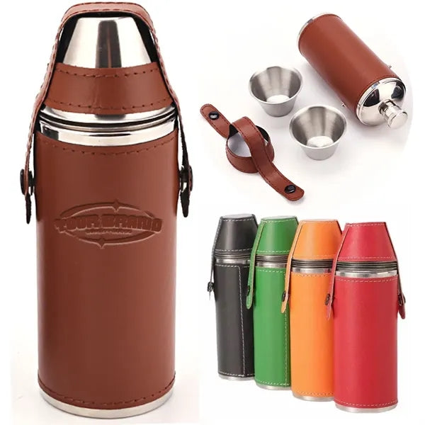 8Oz. Bucket Hip PU Leather Flasks W/ Funnel and Cups