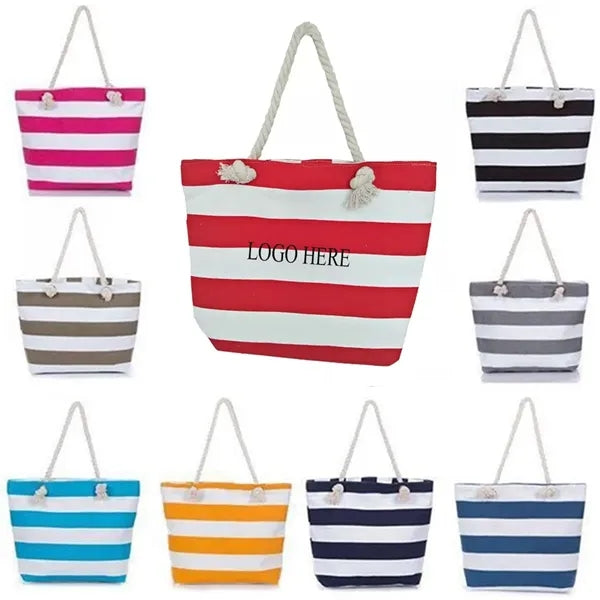 Striped Canvas Beach Tote Bag With Zipper
