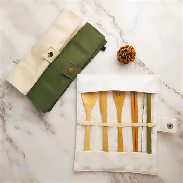 Bamboo Knife Fork And Spoon Set Cutlery Roll Bag
