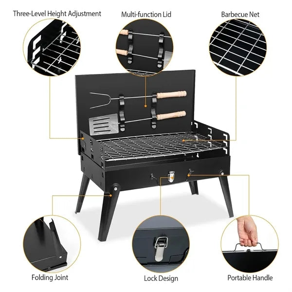Portable Foldable Camping Grill with BBQ Tools