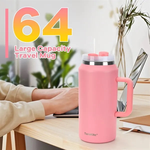 64 oz Stainless Steel Insulated Travel Mug With Straws