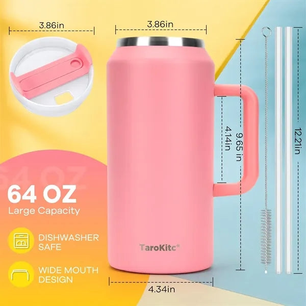 64 oz Stainless Steel Insulated Travel Mug With Straws