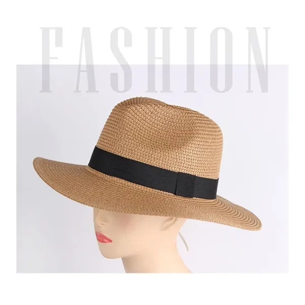 UPF 50+ Women Straw Panama Cap Travel Fedora Beach Sun Hat