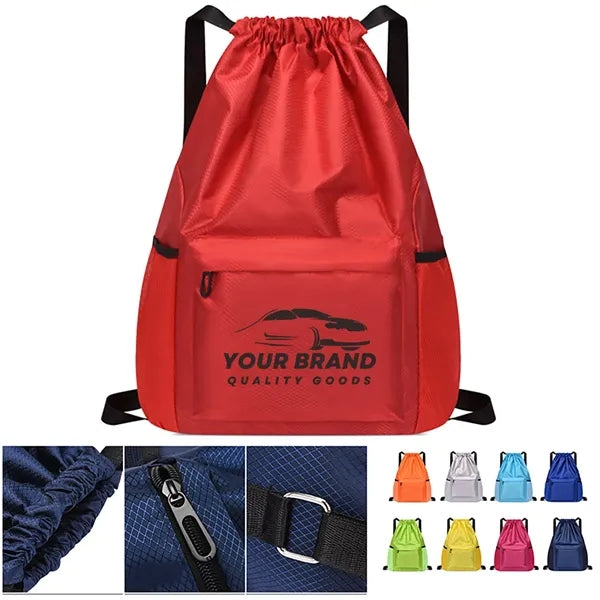 Red Drawstring Backpack W/ Front Pocket Sports Bags