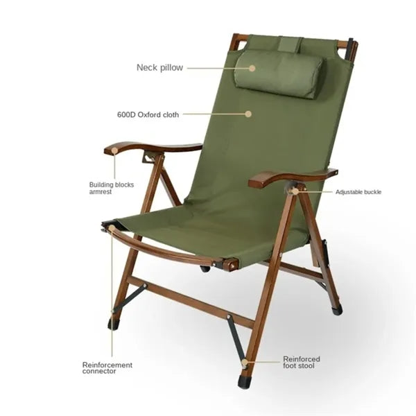Adjustable Reclining Camping Chair with Wooden Armrest