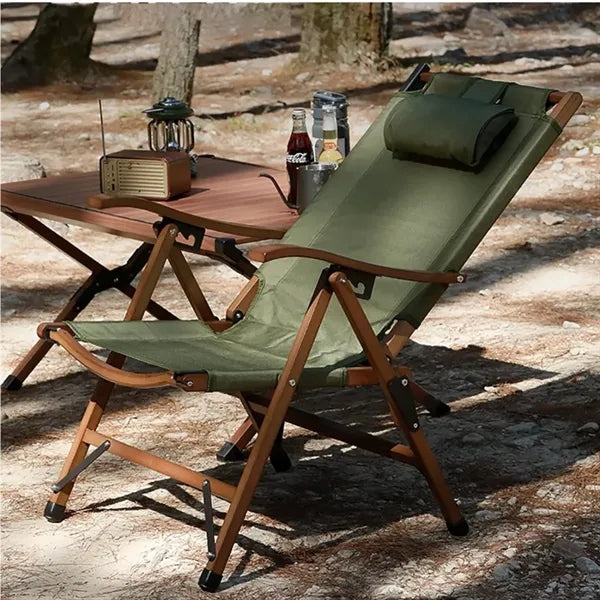 Adjustable Reclining Camping Chair with Wooden Armrest