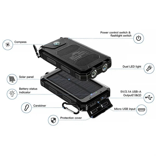 10000mAh Solar Power Bank with LED Light and Compass