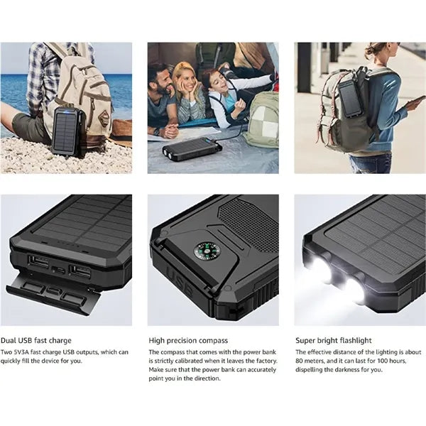 10000mAh Solar Power Bank with LED Light and Compass