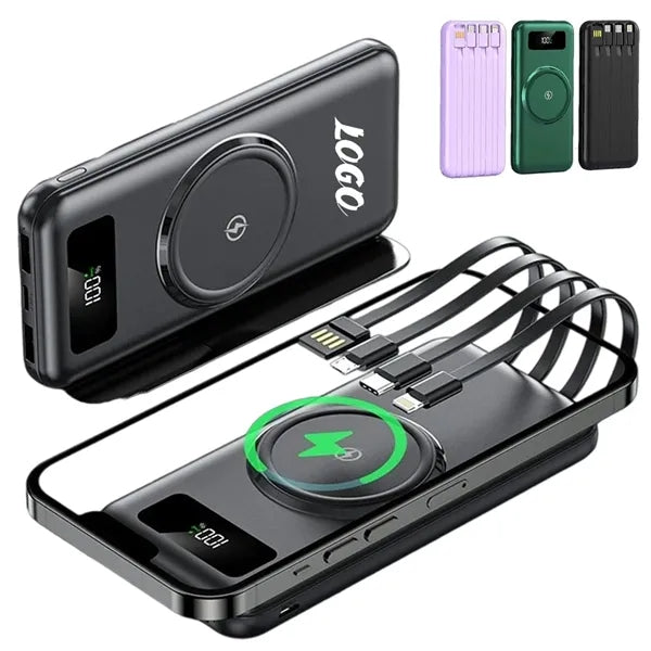10000mAh Slim Wireless Power Bank with 4 Built-in Cables