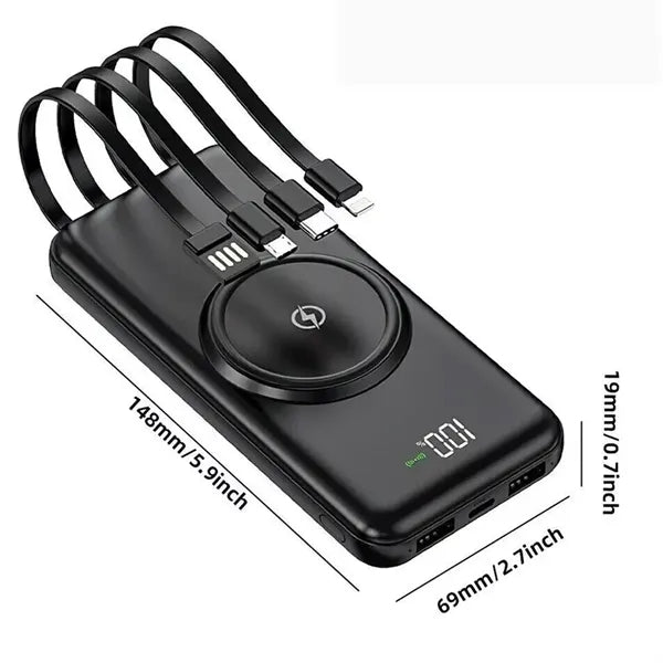 10000mAh Slim Wireless Power Bank with 4 Built-in Cables