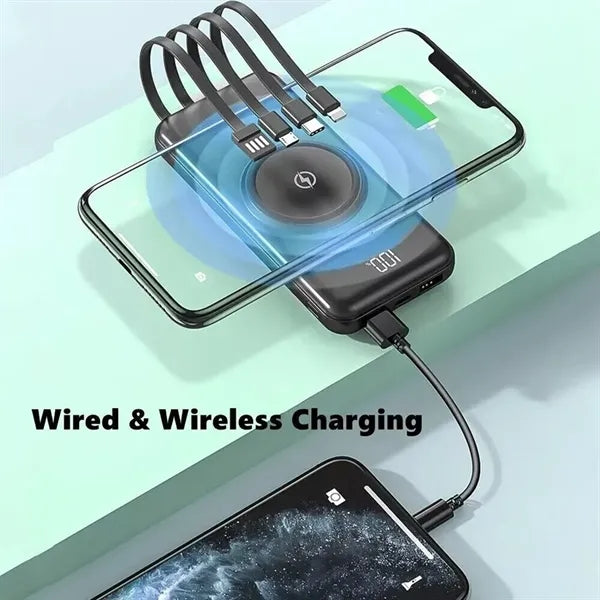10000mAh Slim Wireless Power Bank with 4 Built-in Cables