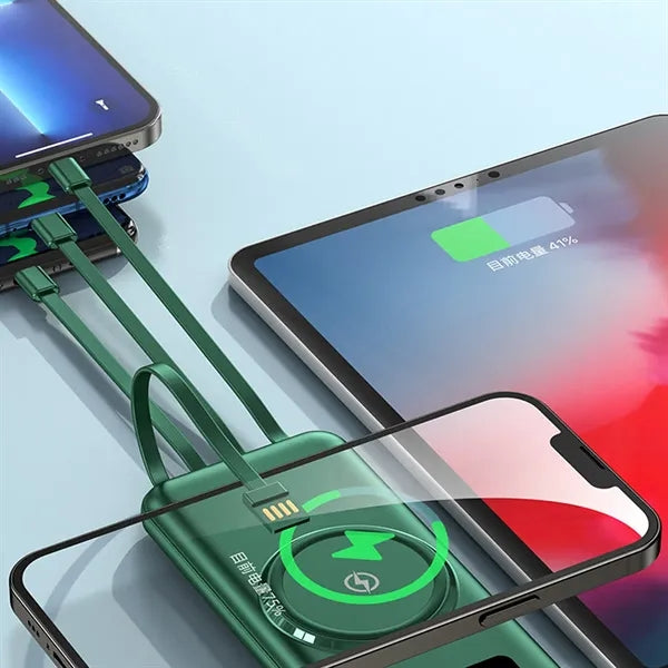 10000mAh Slim Wireless Power Bank with 4 Built-in Cables