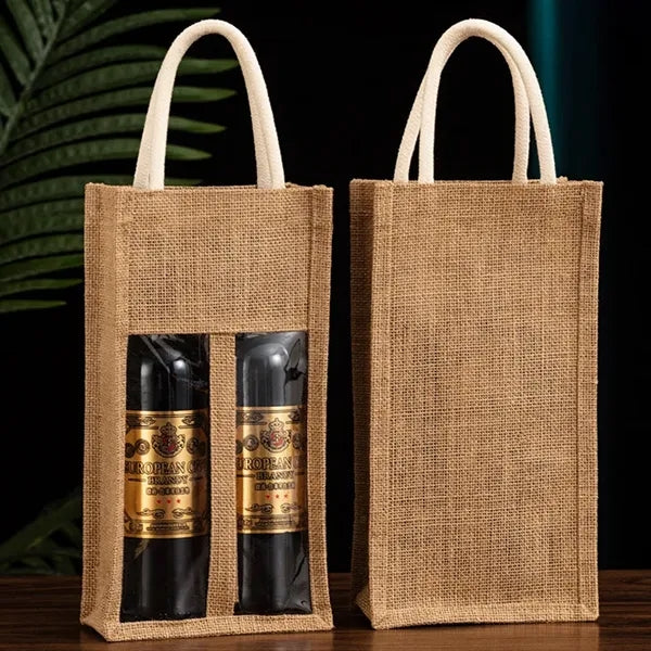 Burlap Wine Bottle Bags Jute Wine Gift Bag with Window and H