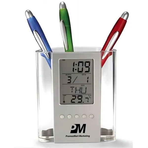 LCD Digital Calendar Alarm Clock Desk Pen Holder Organizer