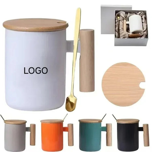 13oz Wooden Handle Coffee Mug With Stir Spoon