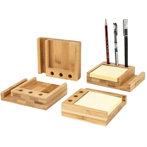Wooden Desk Organizer Notepad Sticky Notes Pen Phone Holder