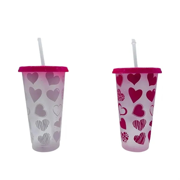 24oz Color Changing Plastic Cold Drink Cups w/ Straw