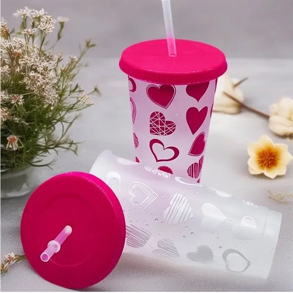 24oz Color Changing Plastic Cold Drink Cups w/ Straw