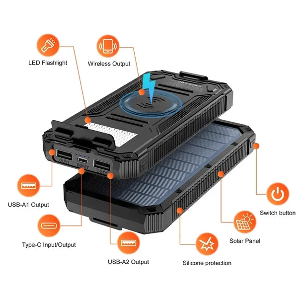 20000 mAh Outdoor Solar Power Bank with Wireless Charger
