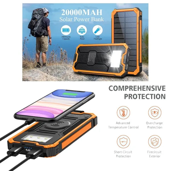 20000 mAh Outdoor Solar Power Bank with Wireless Charger