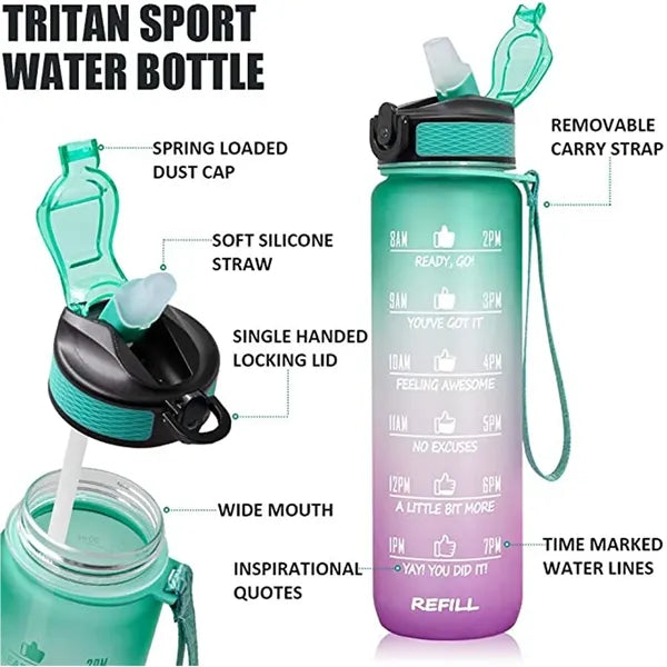 32 Oz Sports Water Bottle with Time Marker and Carry Strap