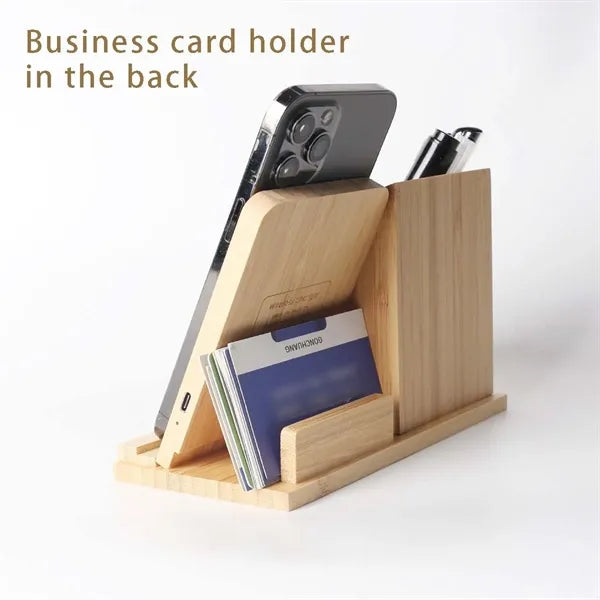 Bamboo desk organizer 3-in-1 pen holder wireless charger