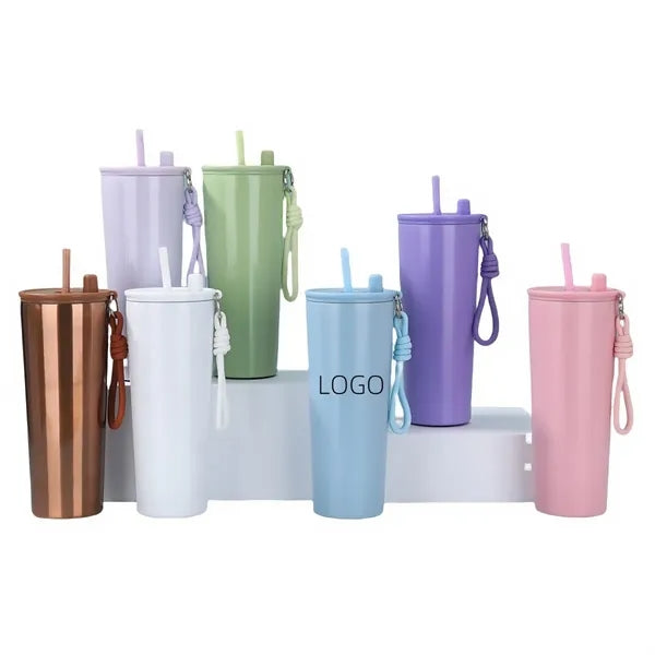 24oz Stainless Steel Double Layer Cup With Lid Straw