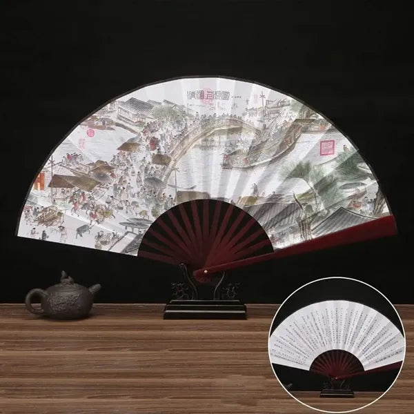 XL Traditional Bamboo Hand Fan - Premium Silky Fabric