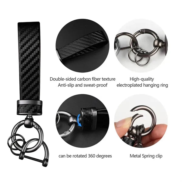 Carbon Fiber Leather Car Keychain With Anti Lost D Ring