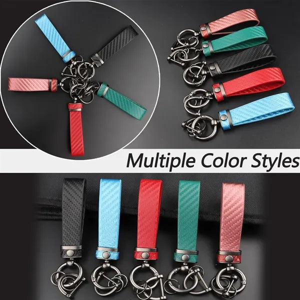 Carbon Fiber Leather Car Keychain With Anti Lost D Ring