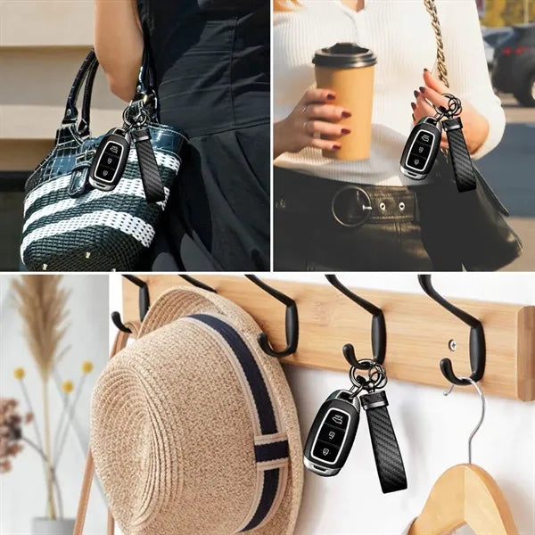 Carbon Fiber Leather Car Keychain With Anti Lost D Ring