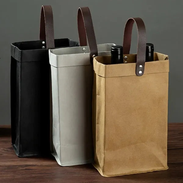 Red Wine Carrying Bag Washed Kraft Paper Stylish Sturdy