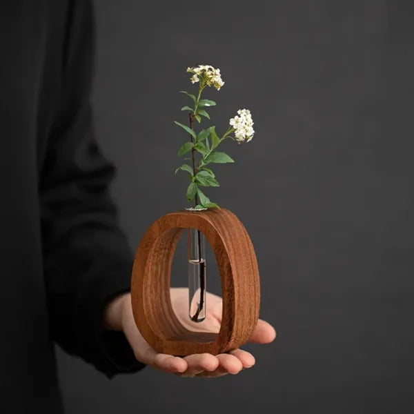 Glass Flower Vase with Wooden Stand