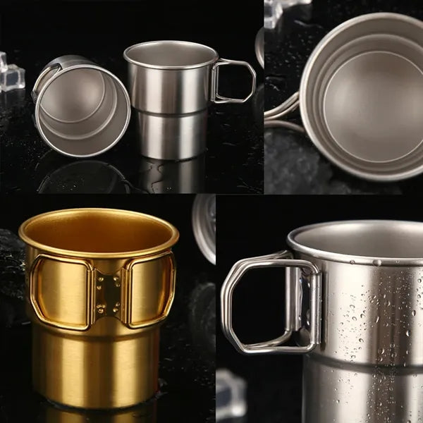 10OZ Stainless Steel Camping Cups with Foldable Handle