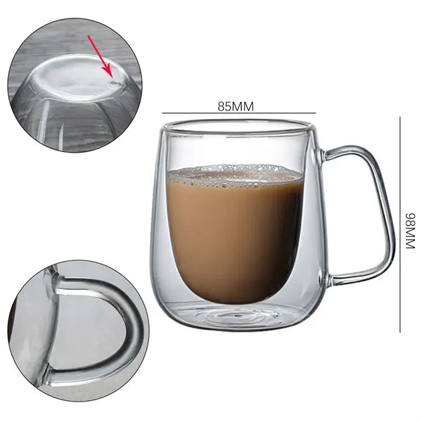 8 1/2OZ Crystalite Double Wall Glass Coffee Mugs With Handle
