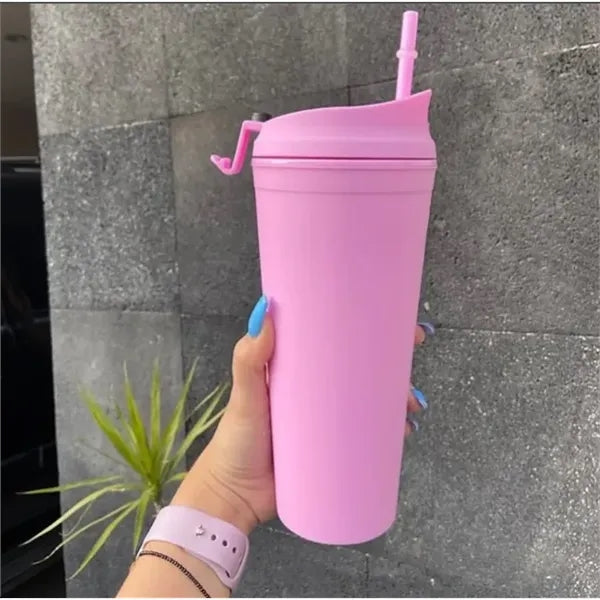 24oz Travel Car Double Wall Plastic Tumbler W/ Straw Lid