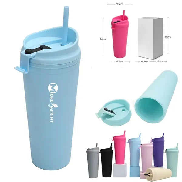 24oz Travel Car Double Wall Plastic Tumbler W/ Straw Lid