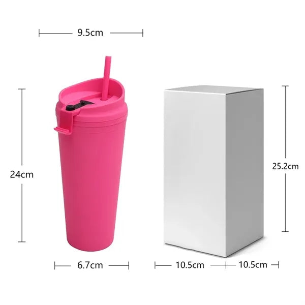 24oz Travel Car Double Wall Plastic Tumbler W/ Straw Lid