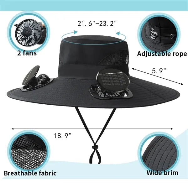 Wide Brim 2 Fan Hat with Solar & USB Charging