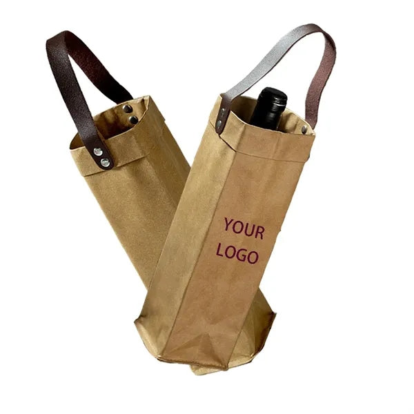 Washable Kraft Paper Red Gift Wine Bag With Leather