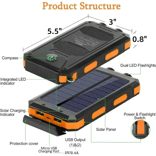 10000mAh solar waterproof power bank