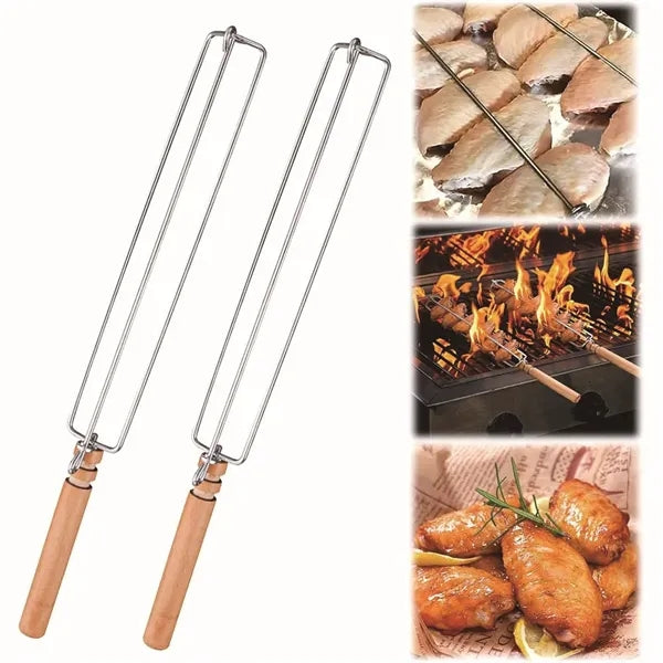 Wing Rails With Wooden Handle For Grilling Chicken