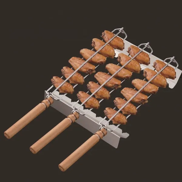 Wing Rails With Wooden Handle For Grilling Chicken