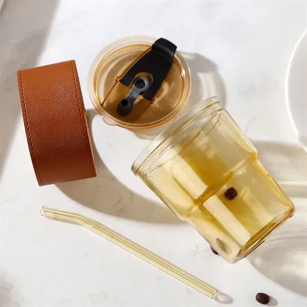 13oz Glass Cup Lid Straw PU Leather Sleeve Coffee Mug