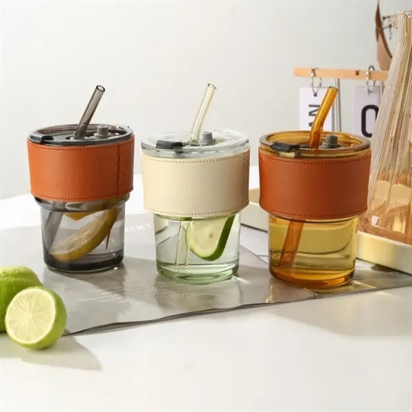 13oz Glass Cup Lid Straw PU Leather Sleeve Coffee Mug